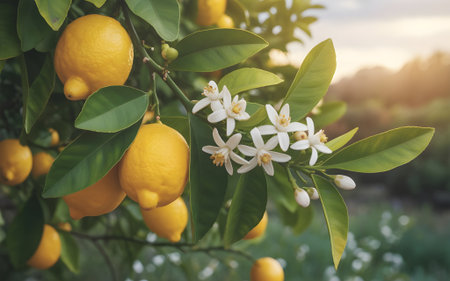 Fresh ripe lemons and white blossoms on a lemon tree branch in sunlight, symbolizing freshness, nature, and organic citrus farming.の素材