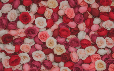 Beautiful flat lay of colorful roses in red, pink, and white tones creating a romantic floral background for decoration and design.の素材