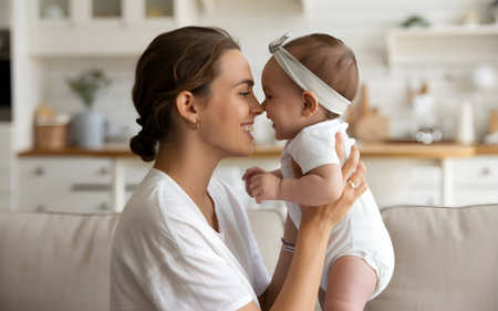 Loving mother holding her smiling baby in a warm home setting, expressing joy, affection, and beautiful family bonding moments.の素材