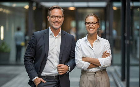 Confident business professionals smiling outdoors, showcasing teamwork, leadership, and success in a modern corporate office environment.の素材