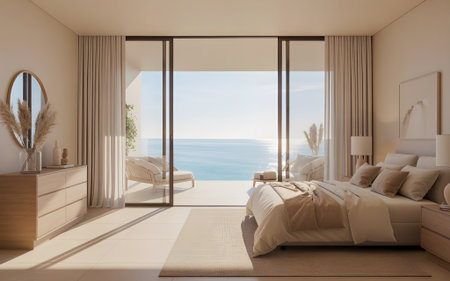 Luxurious modern bedroom with sea view, featuring minimalist decor, natural tones, and sunlight streaming through large glass windows.の素材
