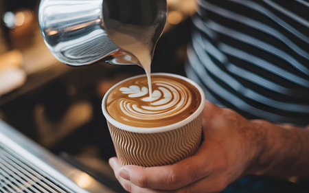 Barista skillfully pours steamed milk to create beautiful latte art in a paper coffee cup at a modern cafÃ©.の素材
