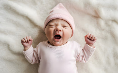 Adorable newborn baby yawning on a soft blanket, wearing a cute pink hat and onesie.の素材