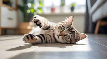 Cute tabby cat with green eyes playing on a sunlit wooden floor indoors.の素材
