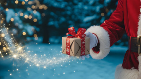 Magical Christmas scene with Santa Claus holding a festive gift wrapped in red ribbon, glowing lights, and sparkling winter background.の素材