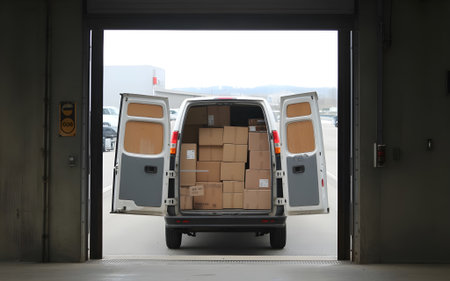 Delivery van loaded with cardboard boxes parked at warehouse loading dock, representing logistics, shipping, and cargo transportation industry operations.の素材