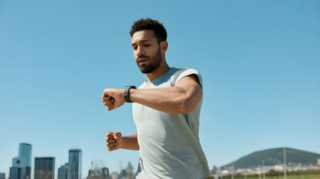 Athletic man running outdoors and checking fitness tracker, staying motivated and focused during a healthy workout under clear blue sky.の素材
