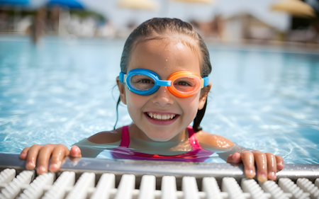 Smiling young girl wearing colorful swimming goggles enjoying a fun day in a clear outdoor pool during bright summer weather.の素材