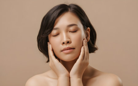 Beautiful woman with smooth glowing skin touching her face gently, showing natural beauty, skincare, and healthy facial routine concept.の素材