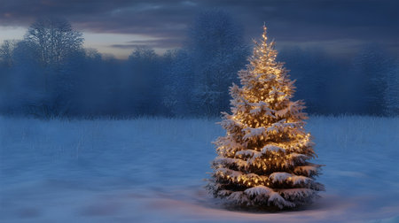 A single, illuminated Christmas tree stands in a serene, snowy winter landscape under a twilight sky, radiating warmth.の素材