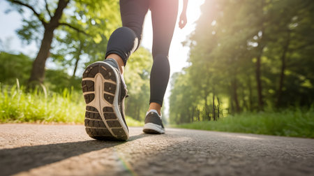 Person jogging or walking on a sunny park path, focused on fitness and healthy lifestyle.の素材