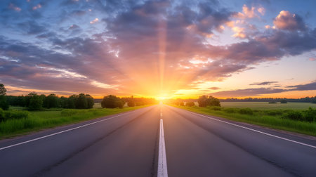 The open road stretches into the distance, illuminated by a breathtaking sunrise, symbolizing new beginnings and endless possibilities.の素材