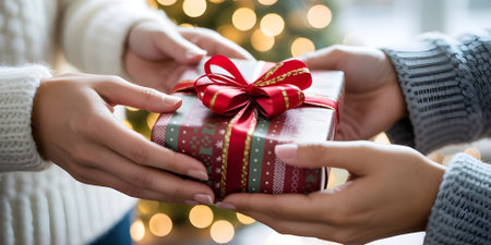 Hands exchanging a beautifully wrapped Christmas gift, symbolizing holiday cheer, giving, and connection against festive lights.の素材