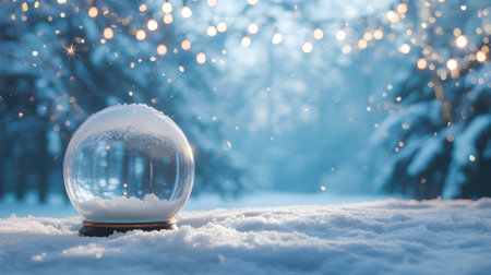 A magical snow globe rests in fresh snow, sparkling under enchanting bokeh lights in a serene winter wonderland.の素材