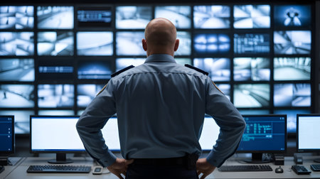 Security guard monitoring multiple surveillance screens, overseeing safety and control in a high-tech command center.の素材