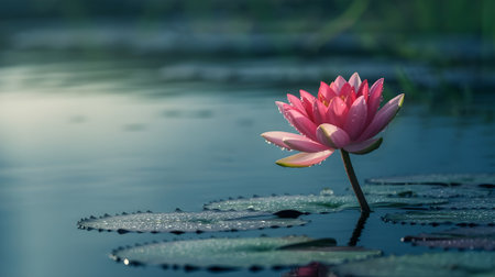 A beautiful pink lotus flower with delicate water droplets rises gracefully from calm, blue water, surrounded by lily pads.の素材
