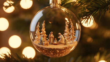 Delicate Christmas ornament with a miniature nativity scene, sparkling inside, hanging on a tree with bokeh lights.の素材