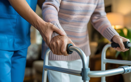 Compassionate caregiver assisting an elderly woman with a walker, offering support and mobility in her homeの素材