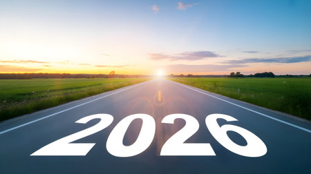 The open road stretches towards a bright future, with "2026" marking the path ahead under a hopeful sunrise.の素材