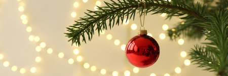 Red Christmas bauble hanging on a fir tree branch with festive bokeh lights in backgroundの素材