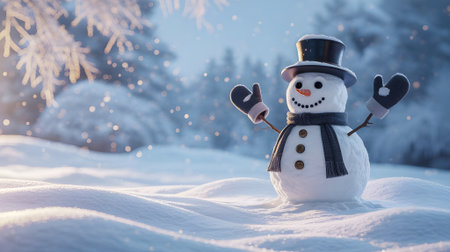Cheerful snowman with a top hat, scarf, and mittens stands happily in a snowy winter wonderlandの素材