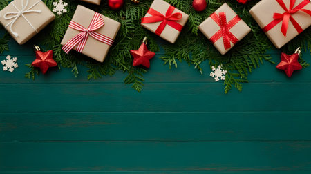 Christmas gifts, red ornaments, and evergreen branches forming a festive border on a green wooden backgroundの素材
