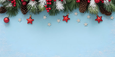Festive Christmas border with snowy pine branches, red berries, ornaments, and stars on blue backgroundの素材