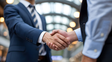 Two businessmen shaking hands, symbolizing successful partnership, agreement, and professional collaborationの素材