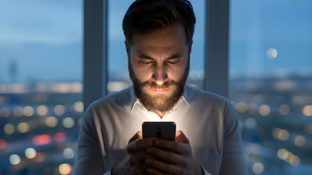 Focused man using smartphone at night, face illuminated by screen light, with blurred city background.の素材