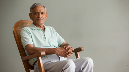 Content senior Indian man smiling, relaxing in a rocking chair with hands clasped.の素材