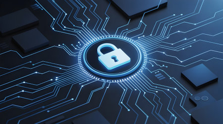Digital padlock on a circuit board, symbolizing robust cybersecurity and data protection for modern technology.の素材
