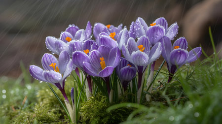 Vibrant purple crocuses covered in fresh raindrops, signaling spring's arrival amidst lush greenery.の素材