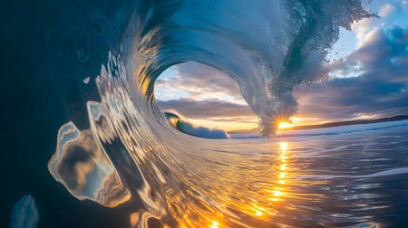 Inside a barreling ocean wave at sunset, capturing vibrant colors and dynamic water motion.の素材