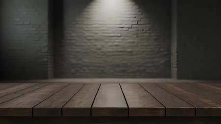 Empty rustic wooden table in a dimly lit room with a spotlight on a brick wall.の素材