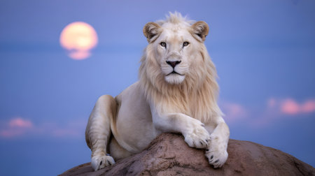 Majestic white lion rests on a rock under a twilight sky with a soft moon.の素材