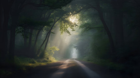 Sunlit path through a mystical, misty forest, evoking wonder and tranquil nature's beauty.の素材