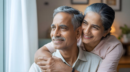 Happy senior Indian couple embracing, looking out a window, showcasing love and contentment in their golden yearsの素材
