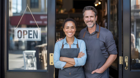 Smiling Small Business Owners with Open Sign at Store Entranceの素材