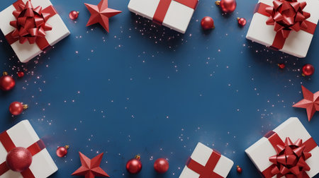 A festive blue background with scattered Christmas gifts, ornaments, and stars, perfect for holiday greetingsの素材