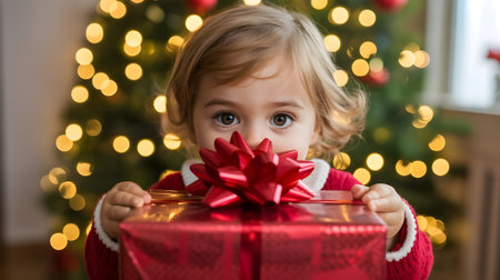Adorable toddler holding red Christmas gift with big bow, glowing holiday lights and festive tree in warm cozy background.の素材