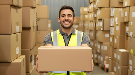 Smiling male warehouse worker in a safety vest holds a package, surrounded by stacked boxes.の素材