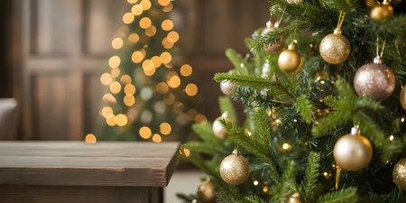 Warm and Festive Christmas Tree with Golden Baubles and Bokeh Lights in Cozy Interiorの素材