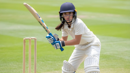 Young female cricketer in batting stance, wearing full gear, ready to hit the ball on a green pitch.の素材