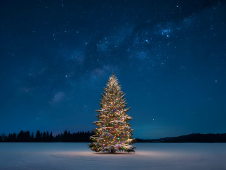 Beautiful Christmas tree glowing with colorful lights in snowy field under starry night sky, symbolizing peace and holiday magic.の素材
