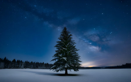 Majestic pine tree stands alone in a snow-covered field under a breathtaking, starry winter night sky.の素材