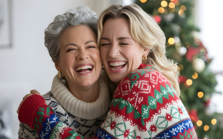 Happy mother and daughter hugging and laughing together in cozy Christmas sweaters near decorated tree during festive holiday celebration.の素材