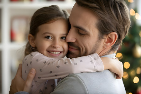 Loving father and daughter share a warm, joyful embrace during the holiday season with a blurred Christmas treeの素材
