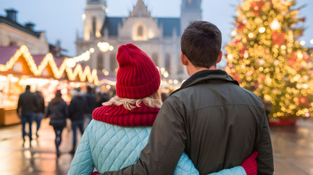 Romantic couple enjoying a festive evening at a Christmas market with beautiful lights, decorations, and holiday atmosphere in winter.の素材