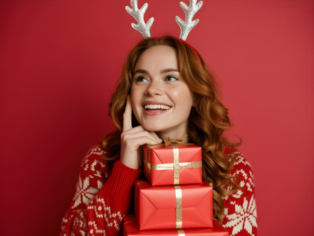 Joyful young woman in Christmas sweater holding red gift boxes, smiling happily against festive red background celebrating holiday season.の素材