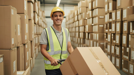 Happy warehouse worker in a hard hat and safety vest pushes a package on a hand truck.の素材